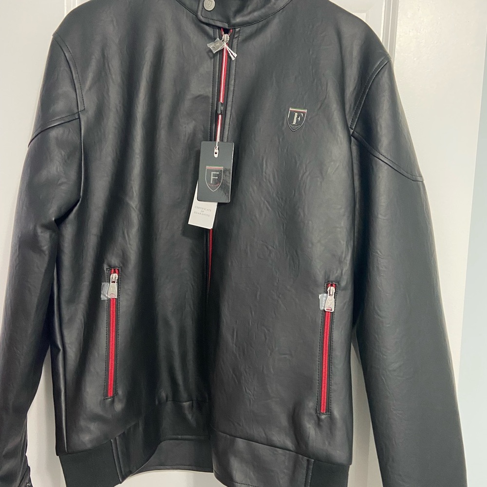 Men's Black Leather Jacket with Red Zipper Accents